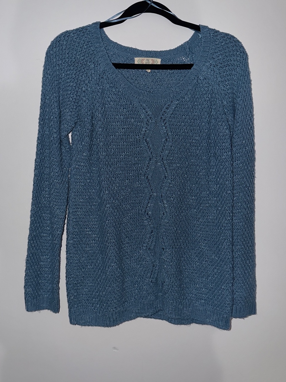 Pink Rose Dusty Blue Cable-Front Scoop Neck Sweater